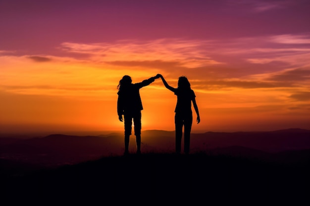 twee mensen staan op een heuvel bij zonsondergang