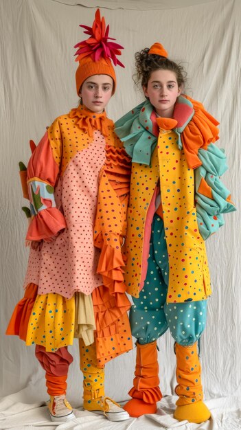 twee mensen staan samen met kleurrijke outfits in de stijl van surrealistische assemblages