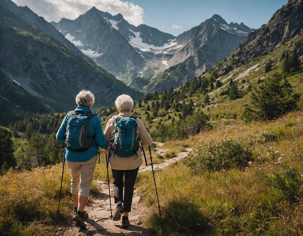 twee mensen wandelen op een pad met bergen op de achtergrond