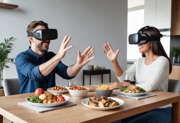 twee mensen zitten aan een tafel met glazen wijn en voedsel met een virtuele camera