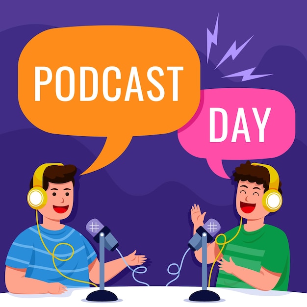 Twee mensen zitten bij een microfoon en één zegt radio dag dag