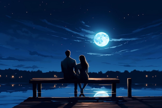 Twee mensen zitten op een dok voor de maan