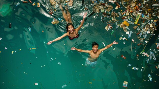 Twee mensen zwemmen in een zee vol plastic afval.