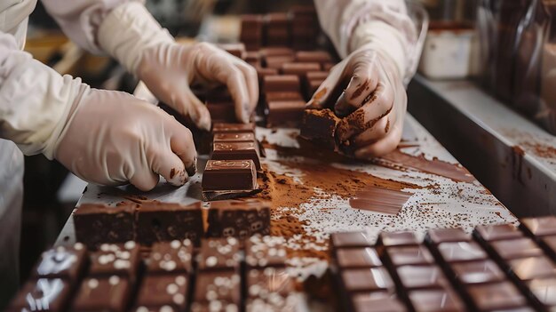 Twee met handschoenen beklede handen hanteren voorzichtig een chocoladereep. De ene breekt hem in stukken en de andere strooit er cacaopoeder overheen.