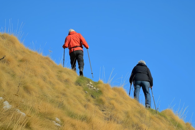 Twee met wandelstokken klimmen een steile heuvel op een heldere dag.