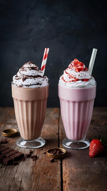 Twee milkshakes met chocolade en aardbeien.