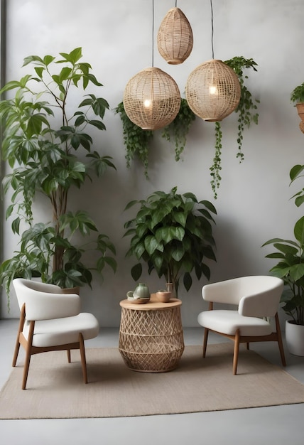 Twee moderne fauteuils met een ronde houten zijtafel tussen hen