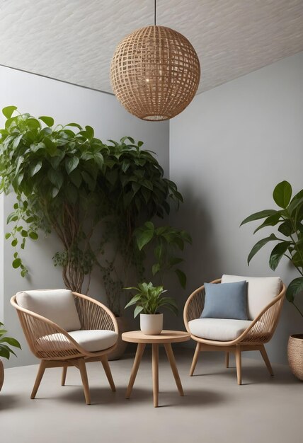 Twee moderne fauteuils met een ronde houten zijtafel tussen hen