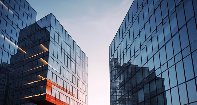 Twee moderne gebouwen met glazen ramen Architectuurontwerp van gebouwen