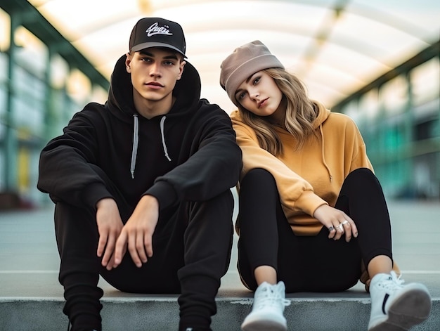 Twee moderne jonge mensen die hoodies dragen die zich op stedelijke achtergrond bevinden