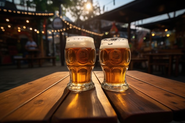 Twee mokken bier op houten tafel met straatcafé achtergrond Alcohol drinken op openluchtfeest in het herfstseizoen