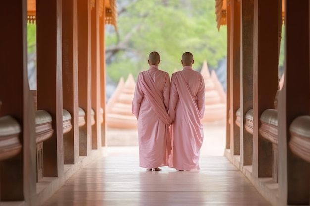 Twee monniken lopen met hun hoofden naar elkaar toe door een tempel