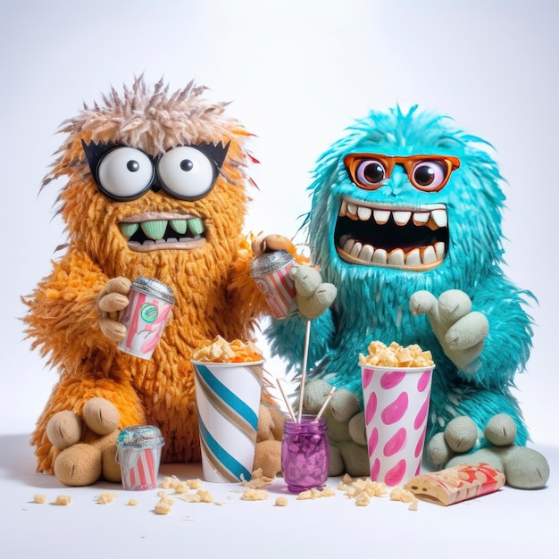 Twee monsters die popcorn eten