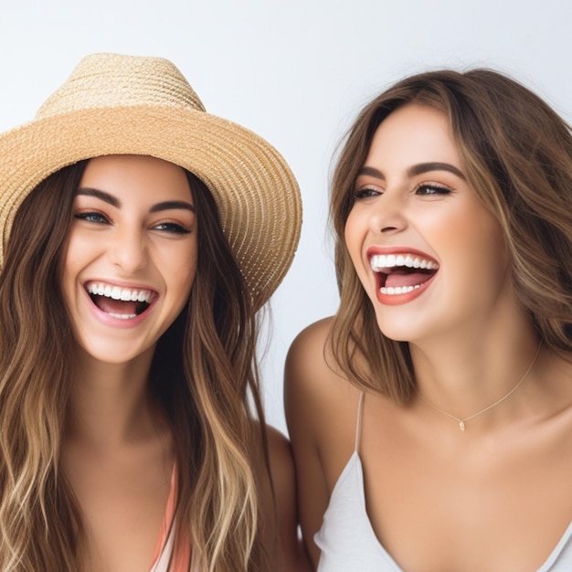 Foto twee mooie glimlachende brunette vrouwen in trendy zomerkleding.