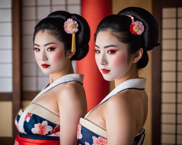 Twee mooie Japanse vrouwen in traditionele kleding.