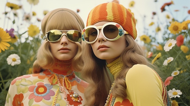Twee mooie jonge vrouwen in retro stijl kleding poseren op het veld
