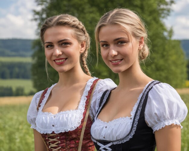 Foto twee mooie jonge vrouwen in traditionele beierse jurken.