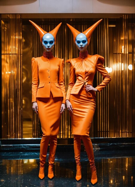 Twee mooie mensen uitziende aliens met oranje huid gekleed in haute couture in de lobby van het hotel