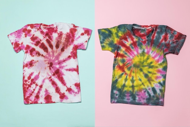 Twee mooie tie dye T-shirts op een tweekleurige ondergrond. Plat leggen.