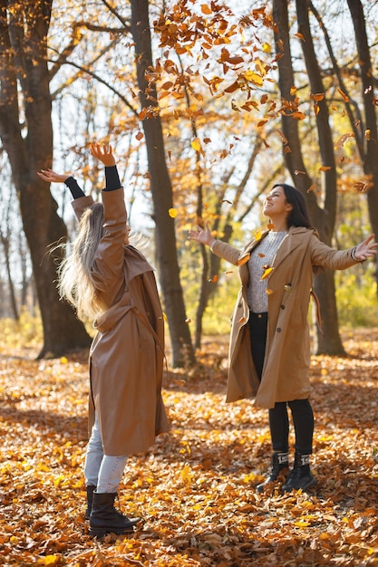 Twee mooie vrouwelijke vrienden die gele bladeren werpen. Twee jonge lachende zussen wandelen in herfst park. Donkerbruine en blonde meisjes die jassen dragen.
