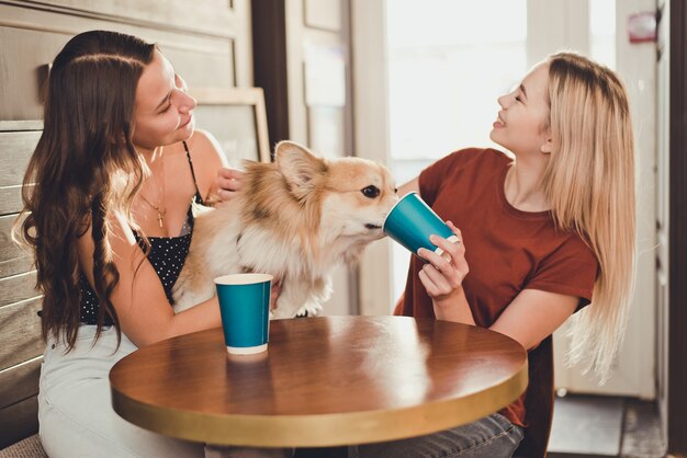 Twee mooie vrouwen die koffie drinken met een corgihond