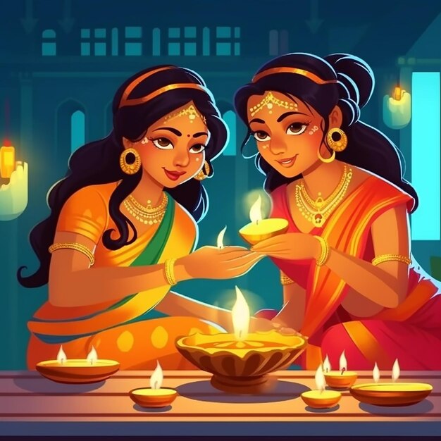 Twee mooie vrouwen in saree verlichten een olie lamp op Diwali nacht achtergrond vector illustratie