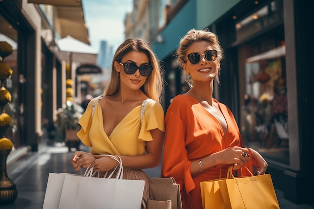 Twee mooie vrouwen winkelen in de stad.