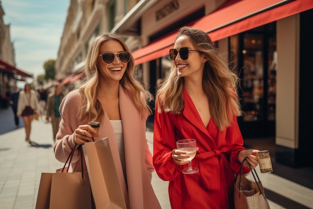 Twee mooie vrouwen winkelen in de stad.
