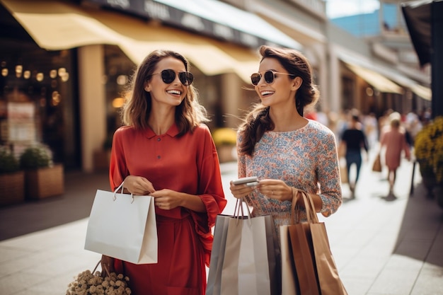 Twee mooie vrouwen winkelen in de stad.