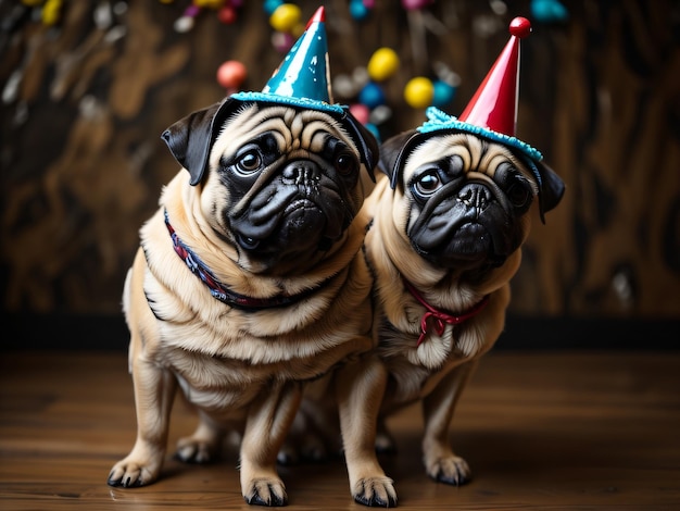 Foto twee mopsjes met feestmutsen zitten voor een kleurrijke kerstboom.