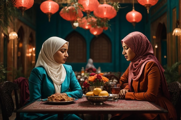 Twee moslimvrouwen zitten aan tafel.