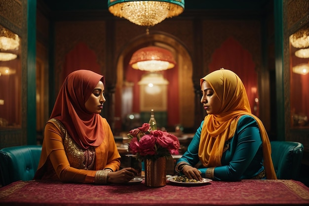 Twee moslimvrouwen zitten aan tafel.