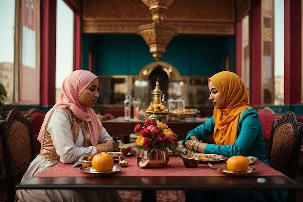 Twee moslimvrouwen zitten aan tafel.