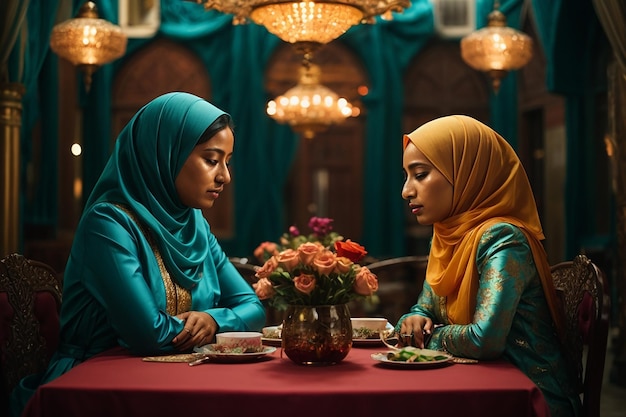 Twee moslimvrouwen zitten aan tafel.