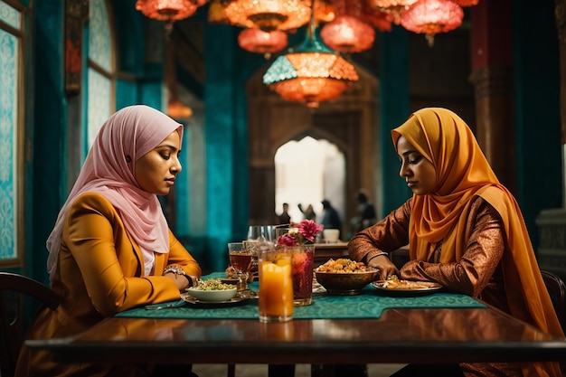 Twee moslimvrouwen zitten aan tafel.