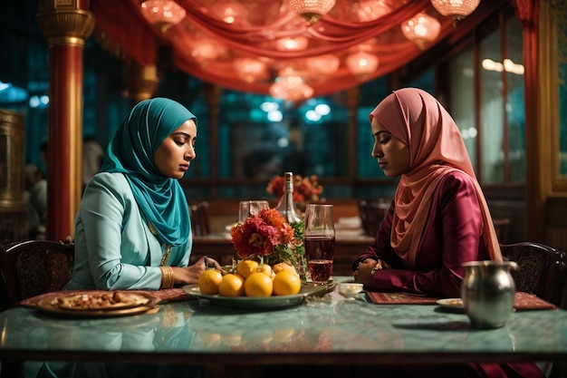 Twee moslimvrouwen zitten aan tafel.