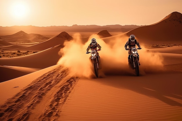 Twee motoren racen door de woestijn met de ondergaande zon achter zich