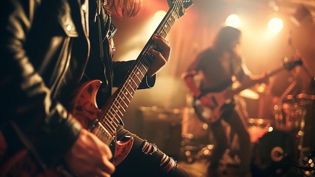 Twee muzikanten rocken het podium met hun elektrische gitaren en boeien het publiek met hun energie en passie.