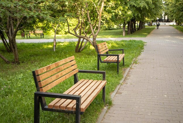 Twee nieuwe houten banken staan langs het steegje in het zomerse stadspark.