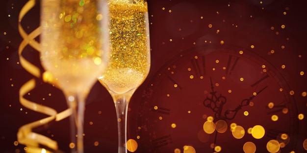 Twee nieuwjaarsglazen champagne met hoogtepunten op een gekleurde achtergrondkopieerruimte