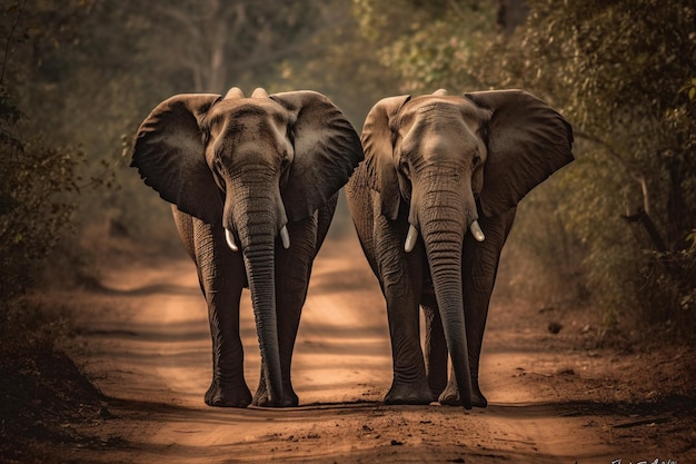 Twee olifanten lopen over een onverharde weg, waarvan er één de enige is aan de linkerkant.