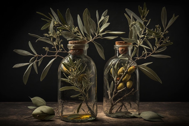 Twee olijftakken in glazen flessen Illustratie AI Generatief