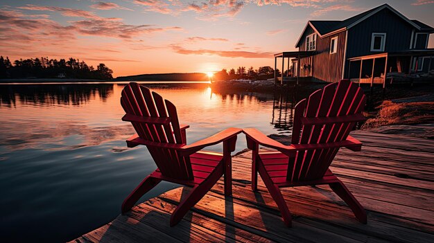 Foto twee ontspannende stoelen bij het meer.