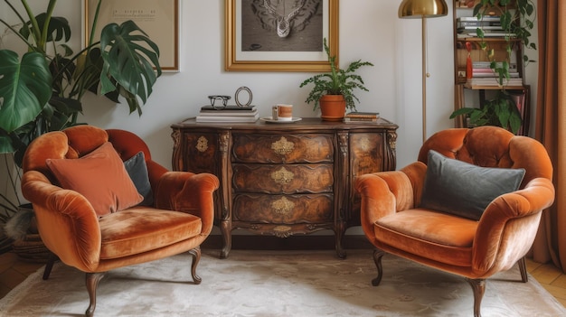 Twee oranje fauteuils in een woonkamer.