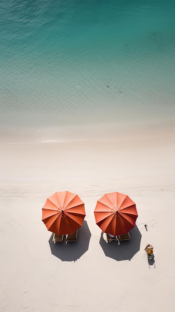 Twee oranje parasols op een strand met een strand op de achtergrond