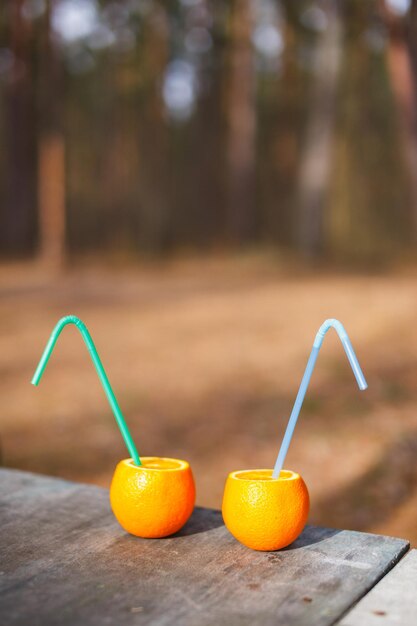 Twee oranje sinaasappelen met buisjes tegen de achtergrond van het bos