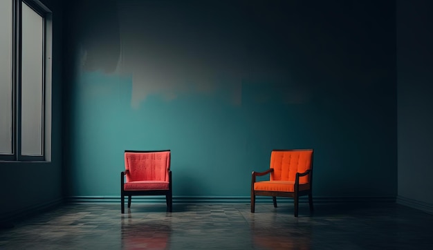 twee oranje stoelen in een lege kamer in de stijl van donkergrijs en licht karmozijnrood