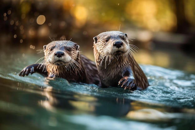 Twee otters zwemmen in een plas water