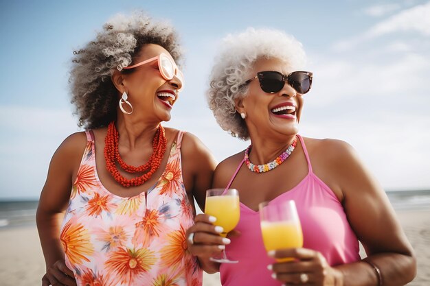 Twee oudere Afro-Amerikaanse vrouwen in vrolijke zomerkleding met cocktails in hun handen