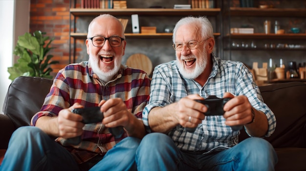 Twee oudere mannen genieten van een videospel.